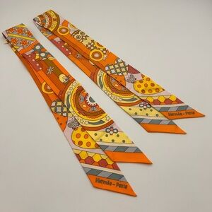 HERMES LES MURMURES DE LA FORET Set Of 2 Twilly New With Tags Orange Jaune Vif